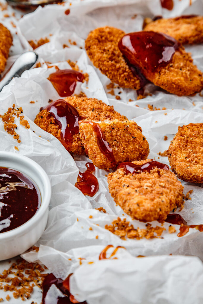 Chicken nuggets with BBQ sauce.