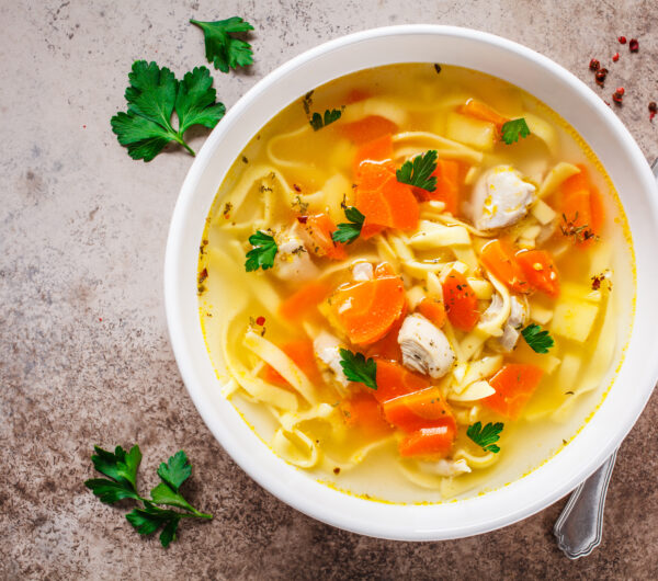 soup base with noodles and chicken