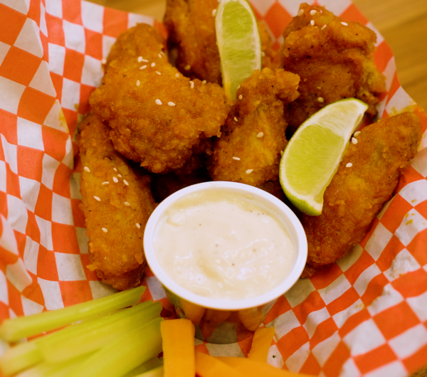 Fried chicken with cream sauce in a dip cup